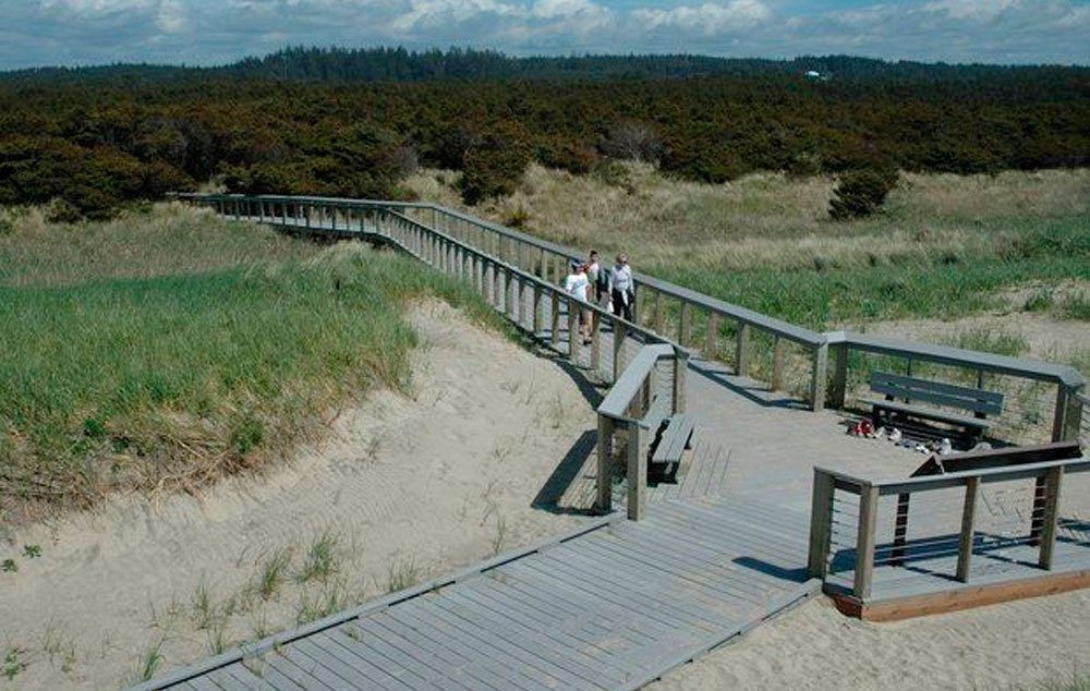 A boardwalk leads from the campground at South Beach State Park to an oceanview platform. An ADA trail continues on to the South Beach neighborhood.