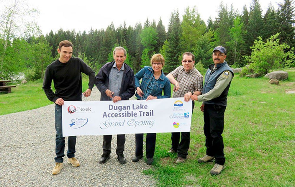 WLIB councillor Willie Sellars, CRD chair Al Richmond, directors Joan Sorley and Steve Forseth and District Recreation Officer Desi Cheverie officially open the Dugan Lake Trail.