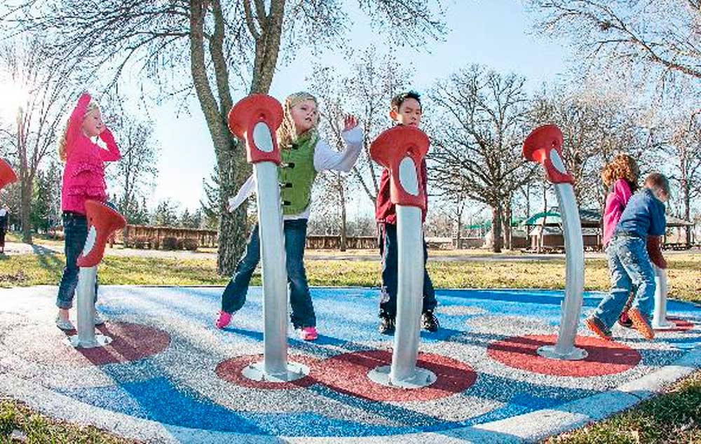 With Pulse Tempo, made by Landscape Structures, kids listen for the musical tones, chase the lights, and then are rewarded with five unique sounds and light shows.