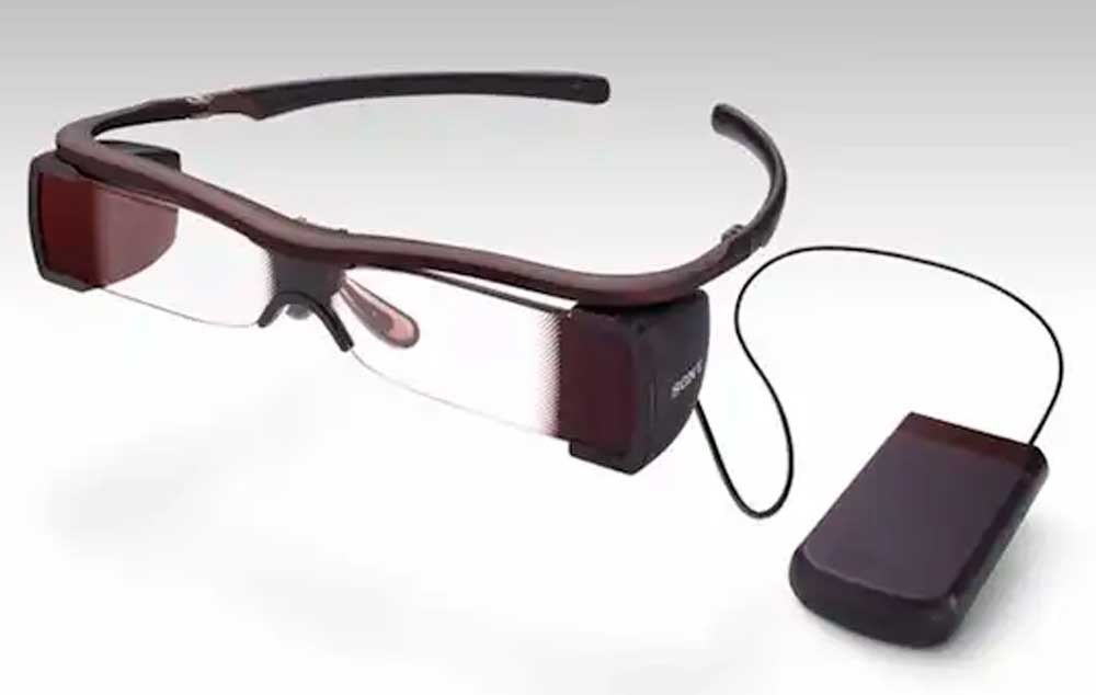 Sony's Entertainment Access Glasses, seen here in a prototype image, display captions for deaf and hard-of-hearing moviegoers.