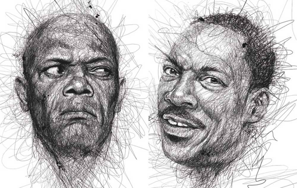 Samuel L. Jackson e Eddie Murphy caricaturados através de rabiscos pelo ilustrador com dislexia