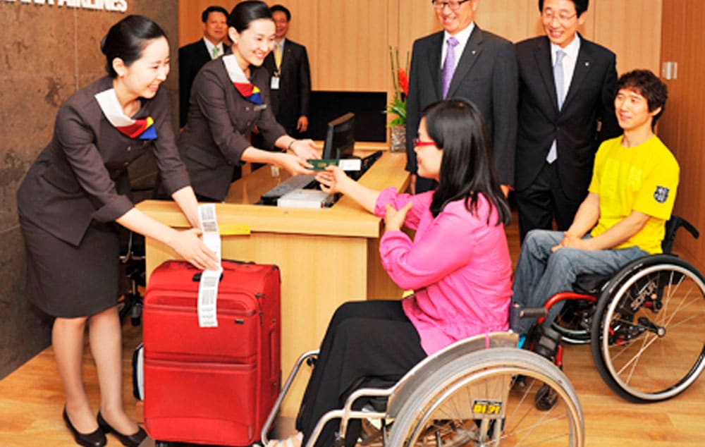 Disabled passengers undergo boarding procedures at Asiana Airline lounge, exclusively for disabled passengers, at Incheon International Airport.