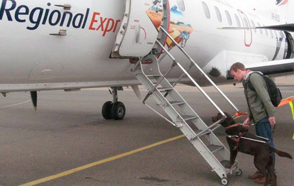 A dog handler about to board a plane.