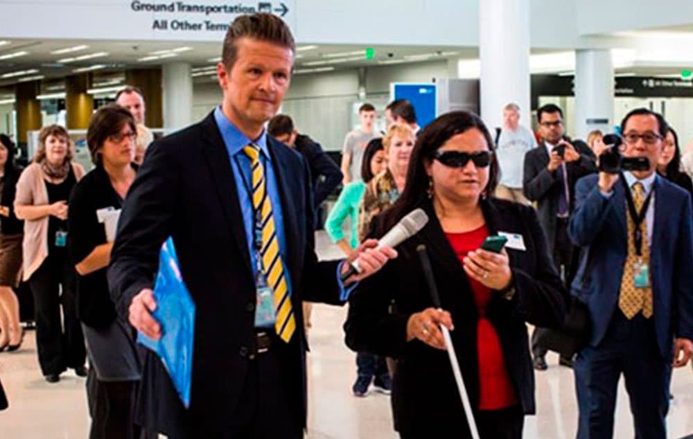 Launch of the prototype app, in which a visually impaired passenger used the technology to navigate her way through the terminal.