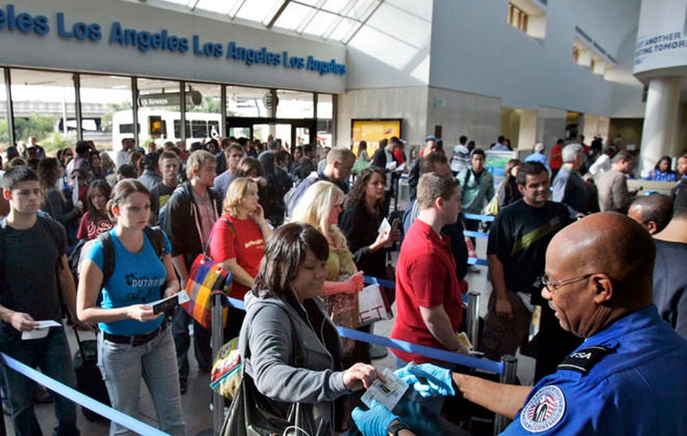 A long security check line at Los Angeles airport.