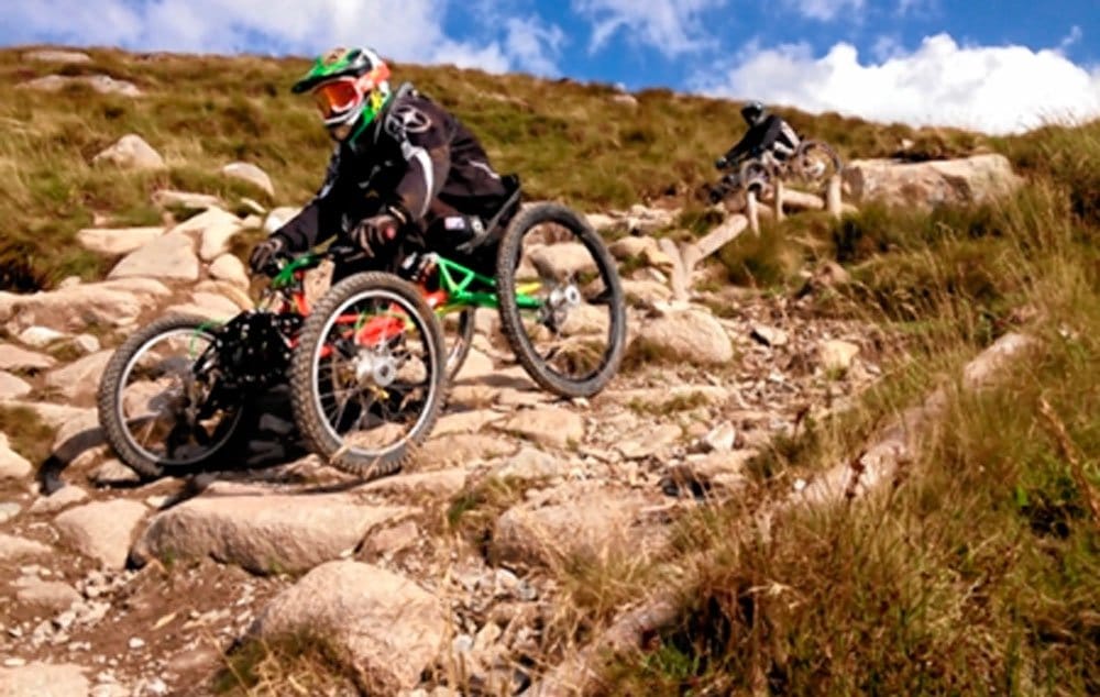A four-wheeled bike being put through its paces on a mountain bike track in Fort William
