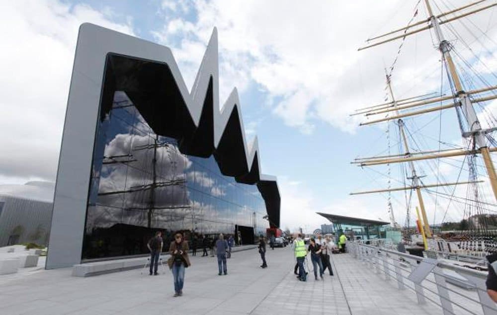 GV of exterior of the Riverside Museum. The transport museum designed by Zaha Hadid opens it's doors to the public on the 21st June 2011