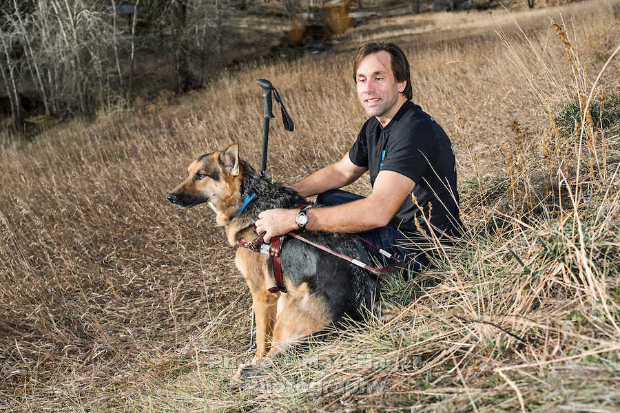 Erik Weihenmayer and his service dog near his home in Golden, Colorado