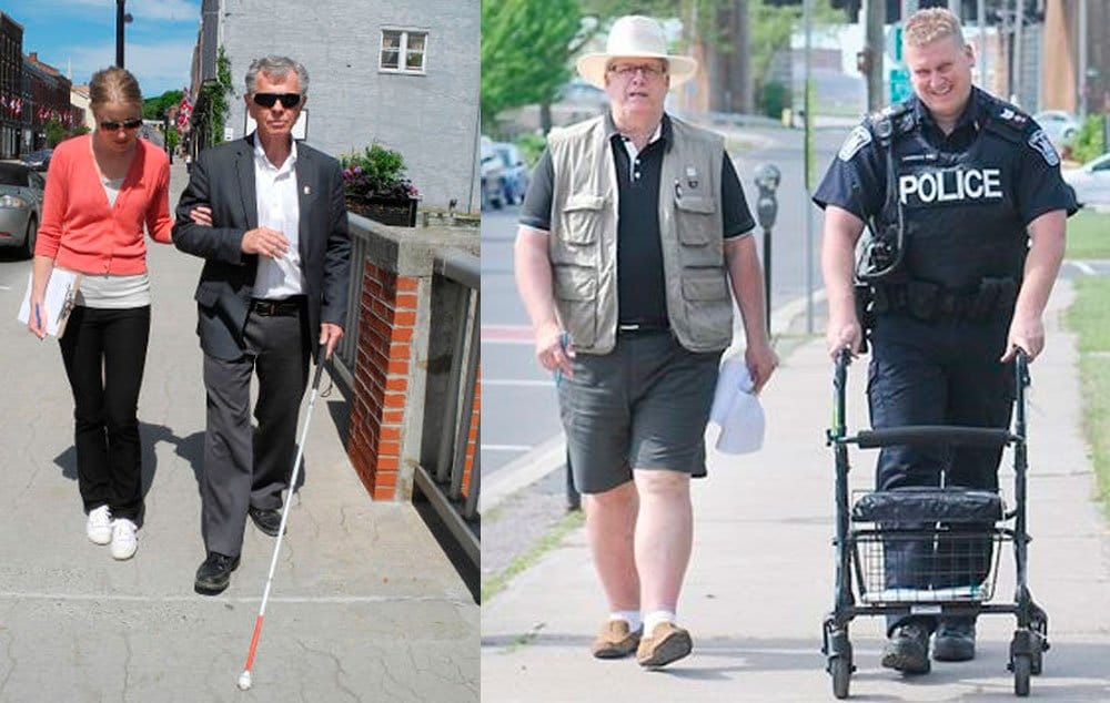 Amy Rappl, Port Hope Mayor Bob Sanderson gained some expertise with the white cane as he participated in the annual Accessibility Awareness Day.