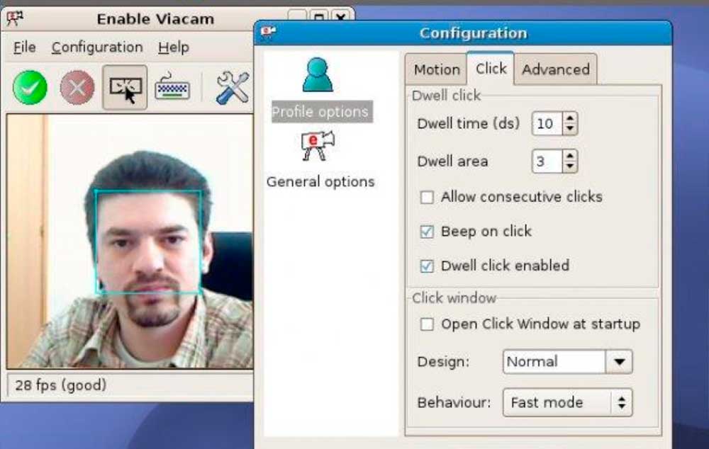 ENABLE VIACAM é um aplicativo que possibilita controlar o movimento do mouse com a WEB CAM, através de movimentos feitos com a cabeça
